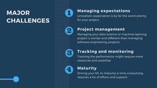 MAJOR
CHALLENGES
Managing expectations
Unrealistic expectation is by far the worst enemy
for your project.
Project management
Managing your data science or machine learning
project is similar and different than managing
software engineering projects.
Tracking and monitoring
Tracking the performance might require more
resources and expertise.
Maturity
Driving your ML to maturity is time consuming,
requires a lot of efforts and support.
 