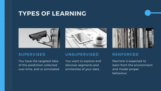 TYPES OF LEARNING
SUPERVISED
You have the targeted data
of the prediction collected
over time, and or annotated.
UNSUPERVISED
You want to explore and
discover segments and
similarities of your data.
RENFORCED
Machine is expected to
learn from the environment
and model proper
behaviour.
 