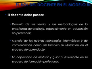 EL ROL DEL DOCENTE EN EL MODELO BL
• El docente debe poseer:
• Dominio de las teorías y las metodologías de la
enseñanza-aprendizaje, especialmente en educación
no presencial;
• Manejo de las nuevas tecnologías informáticas y de
comunicación como así también su utilización en el
proceso de aprendizaje.
• La capacidad de motivar y guiar al estudiante en su
proceso de formación profesional.
 