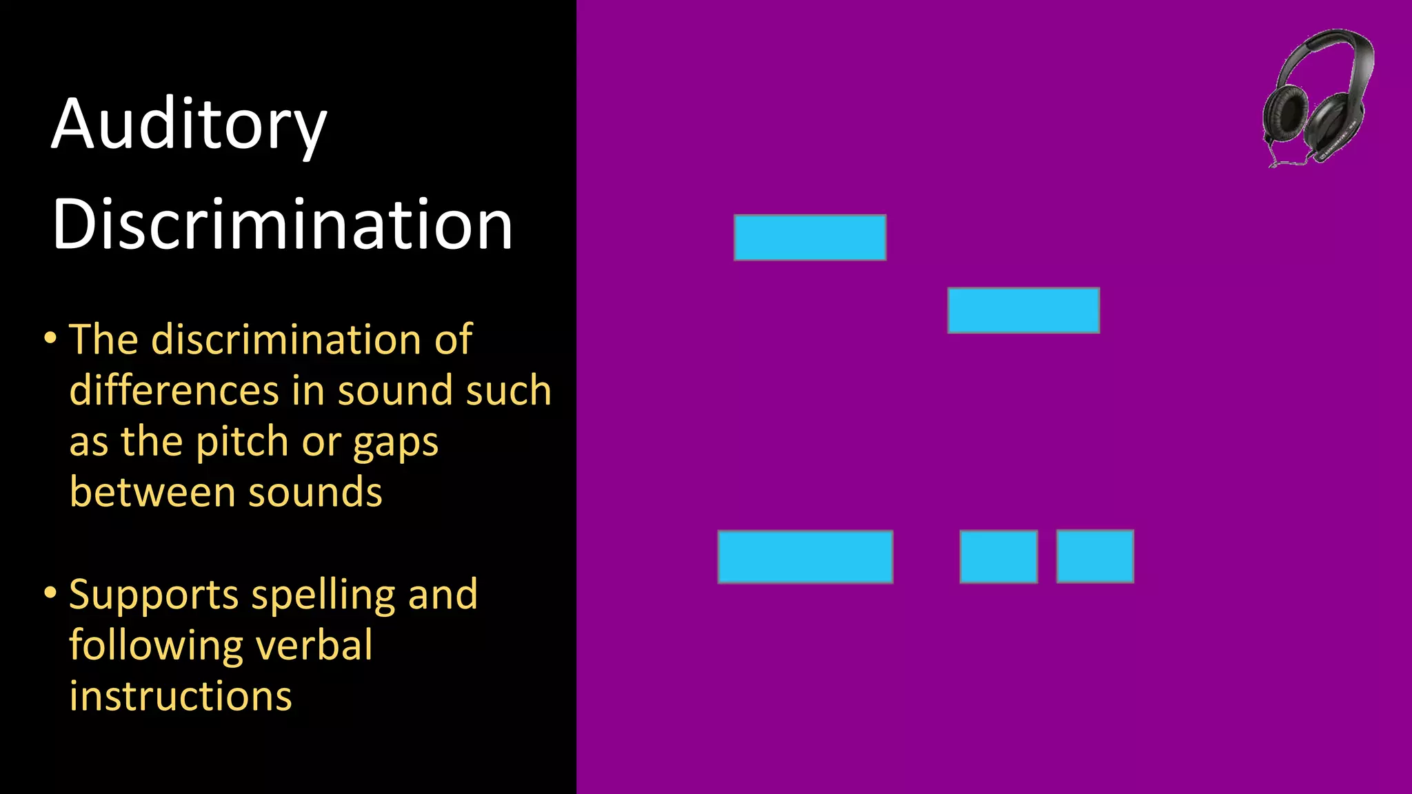 Auditory
Discrimination
• The discrimination of
differences in sound such
as the pitch or gaps
between sounds
• Supports spelling and
following verbal
instructions
 