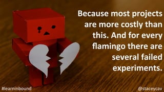 @staceycav	#learninbound	
Because	most	projects	
are	more	costly	than	
this.	And	for	every	
ﬂamingo	there	are	
several	failed	
experiments.	
 