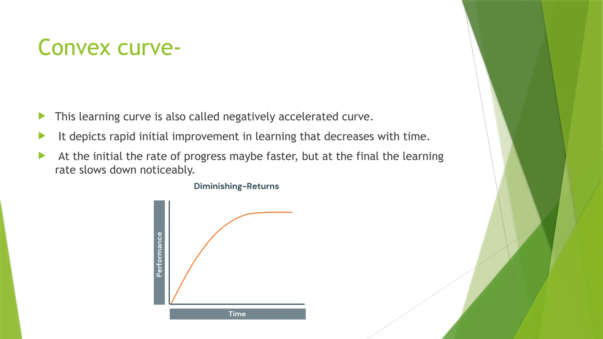 Convex curve-
 This learning curve is also called negatively accelerated curve.
 It depicts rapid initial improvement in learning that decreases with time.
 At the initial the rate of progress maybe faster, but at the final the learning
rate slows down noticeably.
 
