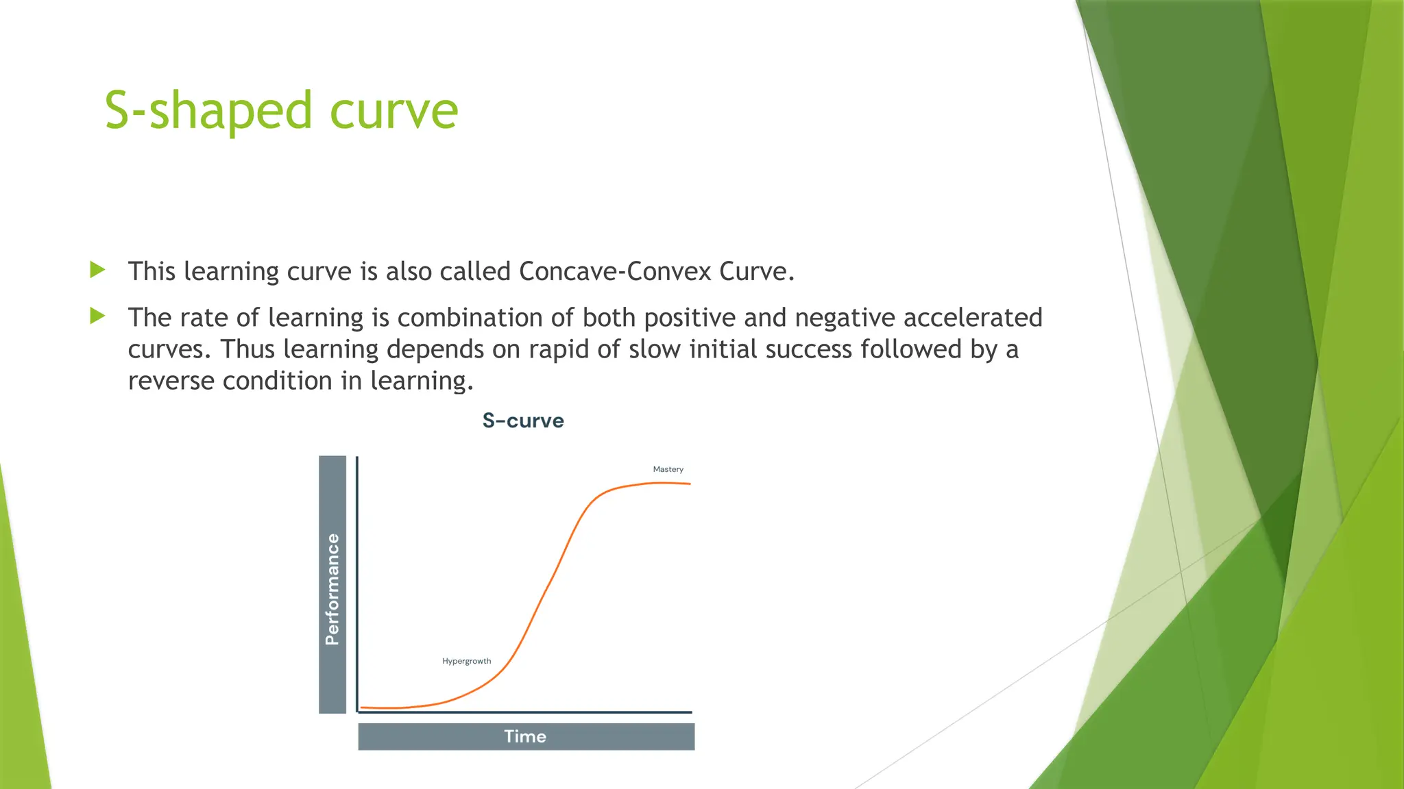 S-shaped curve
 This learning curve is also called Concave-Convex Curve.
 The rate of learning is combination of both positive and negative accelerated
curves. Thus learning depends on rapid of slow initial success followed by a
reverse condition in learning.
 