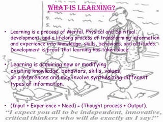 What is Learning?


• Learning is a process of Mental, Physical and Spiritual
  development, and a lifelong process of transforming information
  and experience into knowledge, skills, behaviors, and attitudes.
  Development is proof that learning has taken place.

• Learning is acquiring new or modifying
  existing knowledge, behaviors, skills, values,
  or preferences and may involve synthesizing different
  types of information.


• (Input + Experience + Need) = (Thought process + Output).
 