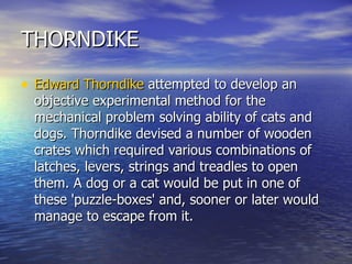 THORNDIKE Edward Thorndike  attempted to develop an objective experimental method for the mechanical problem solving ability of cats and dogs. Thorndike devised a number of wooden crates which required various combinations of latches, levers, strings and treadles to open them. A dog or a cat would be put in one of these 'puzzle-boxes' and, sooner or later would manage to escape from it.  