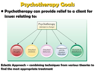 Psychotherapy Goals
• Psychotherapy can provide relief to a client for
  issues relating to:




Eclectic Approach – combining techniques from various theories to
find the most appropriate treatment
 