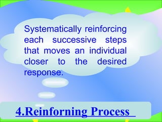 4.Reinforning Process  Systematically reinforcing each successive steps that moves an individual closer to the desired response.  