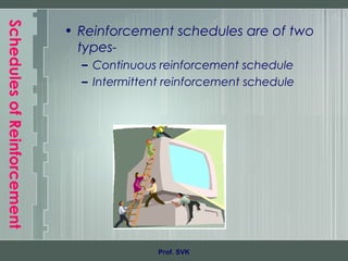 SchedulesofReinforcement
• Reinforcement schedules are of two
types-
– Continuous reinforcement schedule
– Intermittent reinforcement schedule
Prof. SVK
 