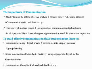  Students must be able to effective analyze & process the overwhelming amount
of communication in their lives today.
 The power of modern media & the ubiquity of communication technologies
in all aspects of life make teaching strong communication skills even more important.
 Communicate using digital media & environment to support personal
& group learning.
 Share information efficiently & effectively suing appropriate digital media
& environments.
 Communicate thoughts & ideas clearly & effectively .
 