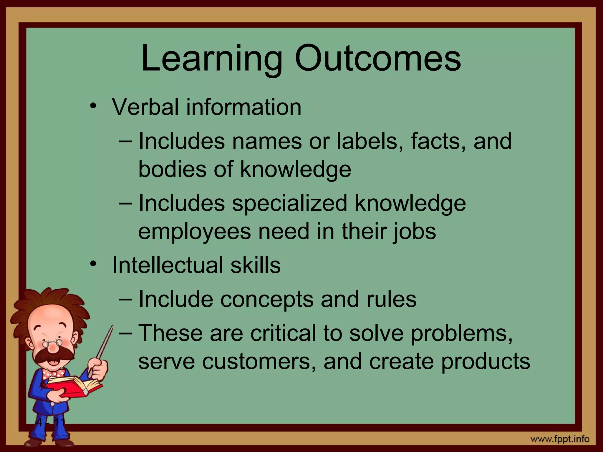 4 - 11
Learning Outcomes
• Verbal information
– Includes names or labels, facts, and
bodies of knowledge
– Includes specialized knowledge
employees need in their jobs
• Intellectual skills
– Include concepts and rules
– These are critical to solve problems,
serve customers, and create products
 