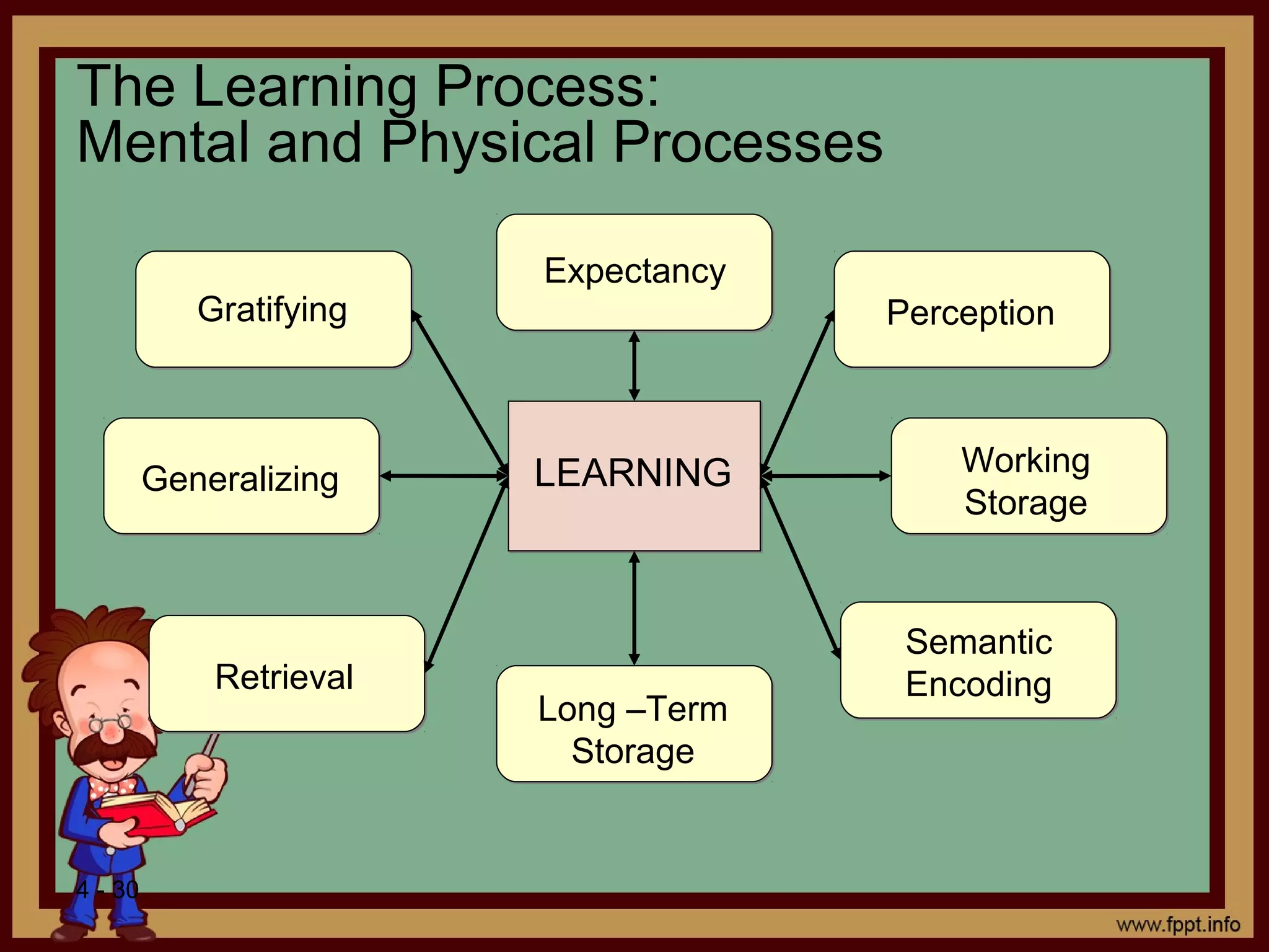 4 - 30
The Learning Process:
Mental and Physical Processes
LEARNING
Expectancy
Perception
Working
Storage
Semantic
Encoding
Long –Term
Storage
Retrieval
Generalizing
Gratifying
 