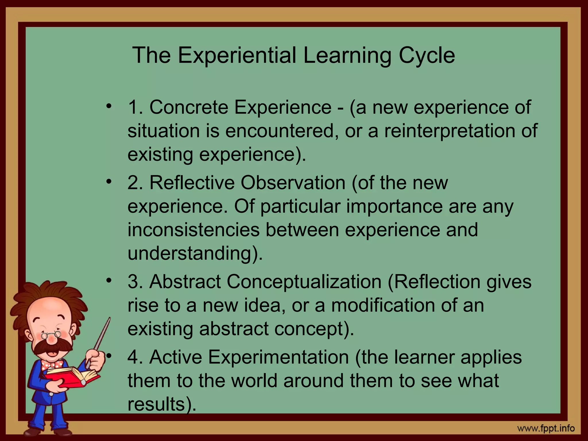 The Experiential Learning Cycle
• 1. Concrete Experience - (a new experience of
situation is encountered, or a reinterpretation of
existing experience).
• 2. Reflective Observation (of the new
experience. Of particular importance are any
inconsistencies between experience and
understanding).
• 3. Abstract Conceptualization (Reflection gives
rise to a new idea, or a modification of an
existing abstract concept).
• 4. Active Experimentation (the learner applies
them to the world around them to see what
results).
 