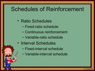 4 - 16
Schedules of Reinforcement
• Ratio Schedules
– Fixed-ratio schedule
– Continuous reinforcement
– Variable-ratio schedule
• Interval Schedules
– Fixed-interval schedule
– Variable-interval schedule
 