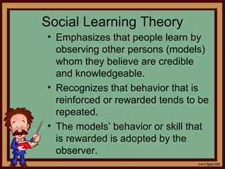 4 - 17
Social Learning Theory
• Emphasizes that people learn by
observing other persons (models)
whom they believe are credible
and knowledgeable.
• Recognizes that behavior that is
reinforced or rewarded tends to be
repeated.
• The models’ behavior or skill that
is rewarded is adopted by the
observer.
 