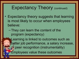 4 - 24
Expectancy Theory (continued)
• Expectancy theory suggests that learning
is most likely to occur when employees
believe:
– They can learn the content of the
program (expectancy)
– Learning is linked to outcomes such as
better job performance, a salary increase,
or peer recognition (instrumentality)
– Employees value these outcomes
 