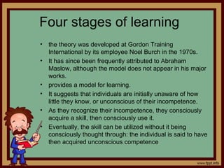 Four stages of learning
• the theory was developed at Gordon Training
International by its employee Noel Burch in the 1970s.
• It has since been frequently attributed to Abraham
Maslow, although the model does not appear in his major
works.
• provides a model for learning.
• It suggests that individuals are initially unaware of how
little they know, or unconscious of their incompetence.
• As they recognize their incompetence, they consciously
acquire a skill, then consciously use it.
• Eventually, the skill can be utilized without it being
consciously thought through: the individual is said to have
then acquired unconscious competence
 