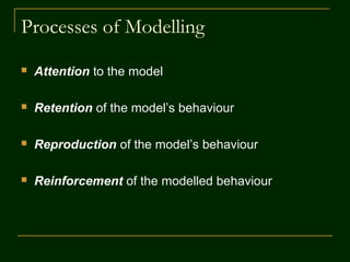 Processes of Modelling
 Attention to the model
 Retention of the model’s behaviour
 Reproduction of the model’s behaviour
 Reinforcement of the modelled behaviour
 
