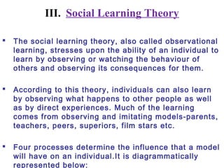 III. Social Learning Theory
 The social learning theory, also called observational
learning, stresses upon the ability of an individual to
learn by observing or watching the behaviour of
others and observing its consequences for them.
 According to this theory, individuals can also learn
by observing what happens to other people as well
as by direct experiences. Much of the learning
comes from observing and imitating models-parents,
teachers, peers, superiors, film stars etc.
 Four processes determine the influence that a model
will have on an individual.It is diagrammatically
represented below:
 