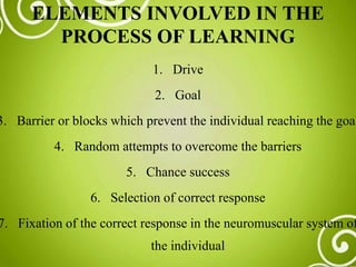 ELEMENTS INVOLVED IN THE
PROCESS OF LEARNING
1. Drive
2. Goal
3. Barrier or blocks which prevent the individual reaching the goal
4. Random attempts to overcome the barriers
5. Chance success
6. Selection of correct response
7. Fixation of the correct response in the neuromuscular system of
the individual
 