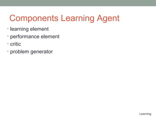 Learning
Components Learning Agent
• learning element
• performance element
• critic
• problem generator
 
