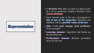 Representation
• A Decision Tree takes as input an object given
by a set of properties, output a Boolean value
(yes/no decision).
• Each internal node in the tree corresponds to
test of one of the properties. Branches are
labelled with the possible values of the test.
• Aim: Learn goal concept (goal predicate)
from examples
• Learning element: Algorithm that builds up
the decision tree.
• Performance element: decision procedure
given by the tree
 