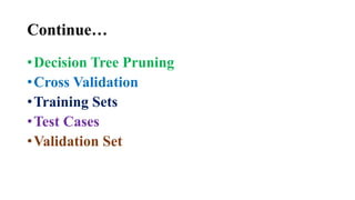 Continue…
•Decision Tree Pruning
•Cross Validation
•Training Sets
•Test Cases
•Validation Set
 