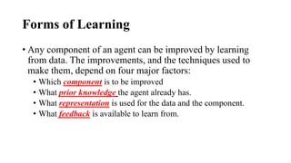 Forms of Learning
• Any component of an agent can be improved by learning
from data. The improvements, and the techniques used to
make them, depend on four major factors:
• Which component is to be improved
• What prior knowledge the agent already has.
• What representation is used for the data and the component.
• What feedback is available to learn from.
 