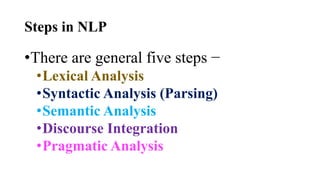 Steps in NLP
•There are general five steps −
•Lexical Analysis
•Syntactic Analysis (Parsing)
•Semantic Analysis
•Discourse Integration
•Pragmatic Analysis
 