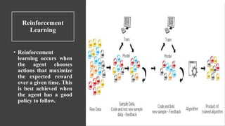 Reinforcement
Learning
• Reinforcement
learning occurs when
the agent chooses
actions that maximize
the expected reward
over a given time. This
is best achieved when
the agent has a good
policy to follow.
 