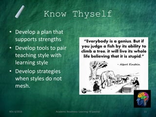 Know Thyself
• Develop a plan that
supports strengths
• Develop tools to pair
teaching style with
learning style
• Develop strategies
when styles do not
mesh.
REV. 6/2018 Academic Readiness- Learning--R Speener 11
 