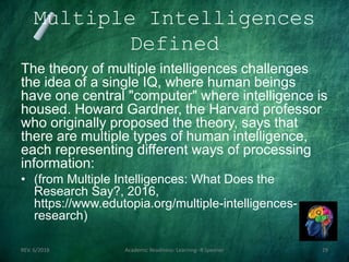 Multiple Intelligences
Defined
The theory of multiple intelligences challenges
the idea of a single IQ, where human beings
have one central "computer" where intelligence is
housed. Howard Gardner, the Harvard professor
who originally proposed the theory, says that
there are multiple types of human intelligence,
each representing different ways of processing
information:
• (from Multiple Intelligences: What Does the
Research Say?, 2016,
https://www.edutopia.org/multiple-intelligences-
research)
REV. 6/2018 Academic Readiness- Learning--R Speener 29
 