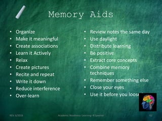 Memory Aids
• Organize
• Make it meaningful
• Create associations
• Learn it Actively
• Relax
• Create pictures
• Recite and repeat
• Write it down
• Reduce interference
• Over-learn
• Review notes the same day
• Use daylight
• Distribute learning
• Be positive
• Extract core concepts
• Combine memory
techniques
• Remember something else
• Close your eyes
• Use it before you loose it
REV. 6/2018 Academic Readiness- Learning--R Speener 62
 