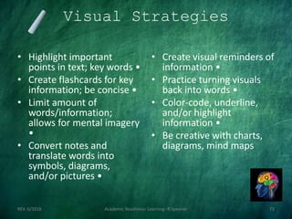 Visual Strategies
• Highlight important
points in text; key words •
• Create flashcards for key
information; be concise •
• Limit amount of
words/information;
allows for mental imagery
•
• Convert notes and
translate words into
symbols, diagrams,
and/or pictures •
• Create visual reminders of
information •
• Practice turning visuals
back into words •
• Color-code, underline,
and/or highlight
information •
• Be creative with charts,
diagrams, mind maps
REV. 6/2018 Academic Readiness- Learning--R Speener 72
 