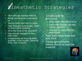 Kinesthetic Strategies
• Skim through reading material
• Move around as you read aloud
or
• Record notes and listen to them
• Take frequent study breaks Listen
to music while studying
• Sit in the front of the classroom
• Stay actively engaged in class:
take notes,
• Create hands-on learning when
possible: o Use models, extra lab
time, visit museums
• Create cards for
processes:
– Color code like information
– Limit information: use key
words, symbols
– Arrange in order; shuffle
and repeat
• Type over notes from text
and class
• Create spreadsheets,
tables, charts to organize
material
REV. 6/2018 Academic Readiness- Learning--R Speener 75
 