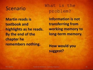 Scenario
What is the
problem?
Martin reads is
textbook and
highlights as he reads.
By the end of the
chapter he
remembers nothing.
REV. 6/2018 Academic Readiness- Learning--R Speener 82
Information is not
transferring from
working memory to
long-term memory.
How would you
suggest?
 