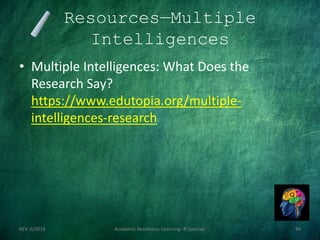 Resources—Multiple
Intelligences
• Multiple Intelligences: What Does the
Research Say?
https://www.edutopia.org/multiple-
intelligences-research
REV. 6/2018 Academic Readiness- Learning--R Speener 94
 