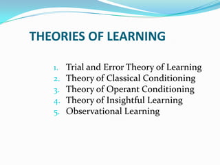 THEORIES OF LEARNING
1. Trial and Error Theory of Learning
2. Theory of Classical Conditioning
3. Theory of Operant Conditioning
4. Theory of Insightful Learning
5. Observational Learning
 