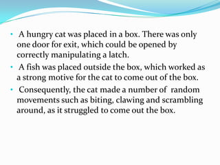 • A hungry cat was placed in a box. There was only
one door for exit, which could be opened by
correctly manipulating a latch.
• A fish was placed outside the box, which worked as
a strong motive for the cat to come out of the box.
• Consequently, the cat made a number of random
movements such as biting, clawing and scrambling
around, as it struggled to come out the box.
 
