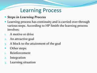 Learning Process
 Steps in Learning Process
 Learning process has continuity and is carried over through
various steps. According to HP Smith the learning process
involves:
1. A motive or drive
2. An attractive goal
3. A block to the attainment of the goal
 Other steps:
1. Reinforcement
2. Integration
3. Learning situation
 