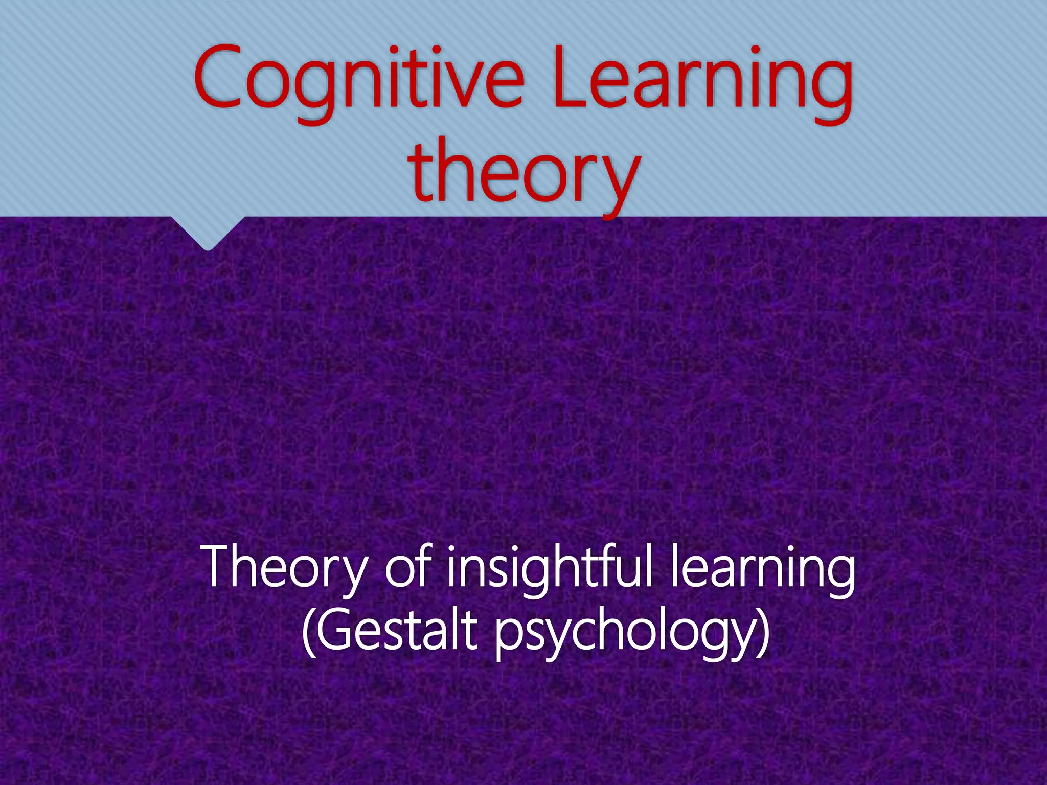 Theory of insightful learning
(Gestalt psychology)
Cognitive Learning
theory
 