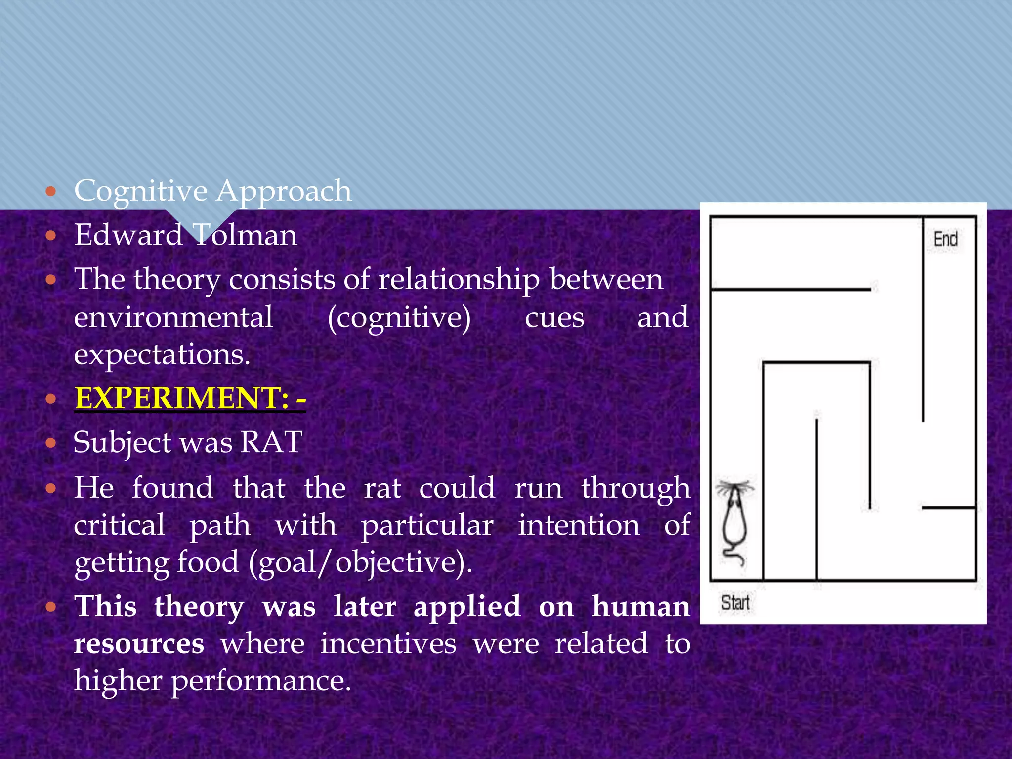  Cognitive Approach
 Edward Tolman
 The theory consists of relationship between
(cognitive) cues andenvironmental
expectations.
 EXPERIMENT: -
 Subject was RAT
 He found that the rat could run through
critical path with particular intention of
getting food (goal/objective).
 This theory was later applied on human
resources where incentives were related to
higher performance.
 