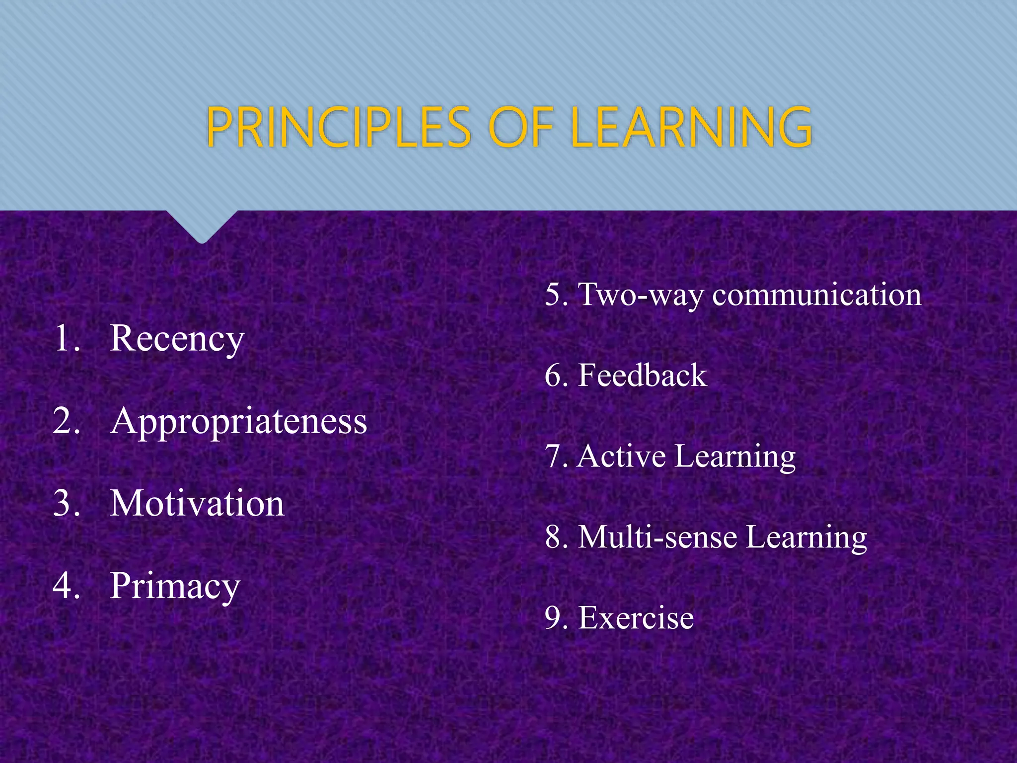 PRINCIPLES OF LEARNING
5. Two-way communication
6. Feedback
7. Active Learning
8. Multi-sense Learning
9. Exercise
1. Recency
2. Appropriateness
3. Motivation
4. Primacy
 