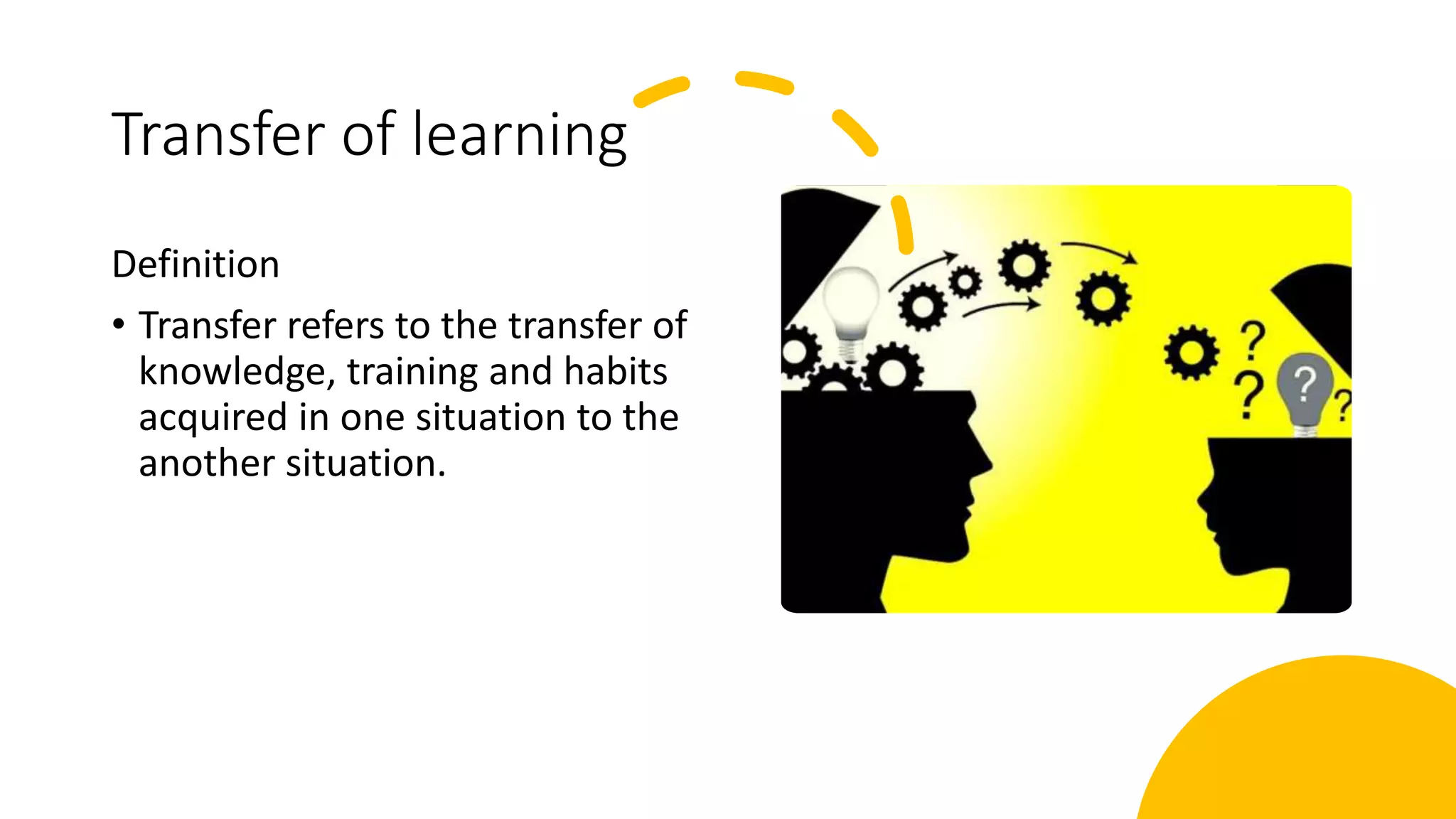 Transfer of learning
Definition
• Transfer refers to the transfer of
knowledge, training and habits
acquired in one situation to the
another situation.
 