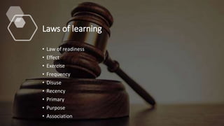 Laws of learning
• Law of readiness
• Effect
• Exercise
• Frequency
• Disuse
• Recency
• Primary
• Purpose
• Association
 