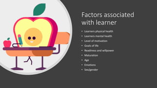 Factors associated
with learner
• Learners physical health
• Learners mental health
• Level of motivation
• Goals of life
• Readiness and willpower
• Maturation
• Age
• Emotions
• Sex/gender
 