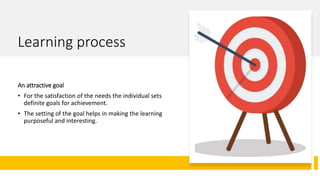 Learning process
An attractive goal
• For the satisfaction of the needs the individual sets
definite goals for achievement.
• The setting of the goal helps in making the learning
purposeful and interesting.
 