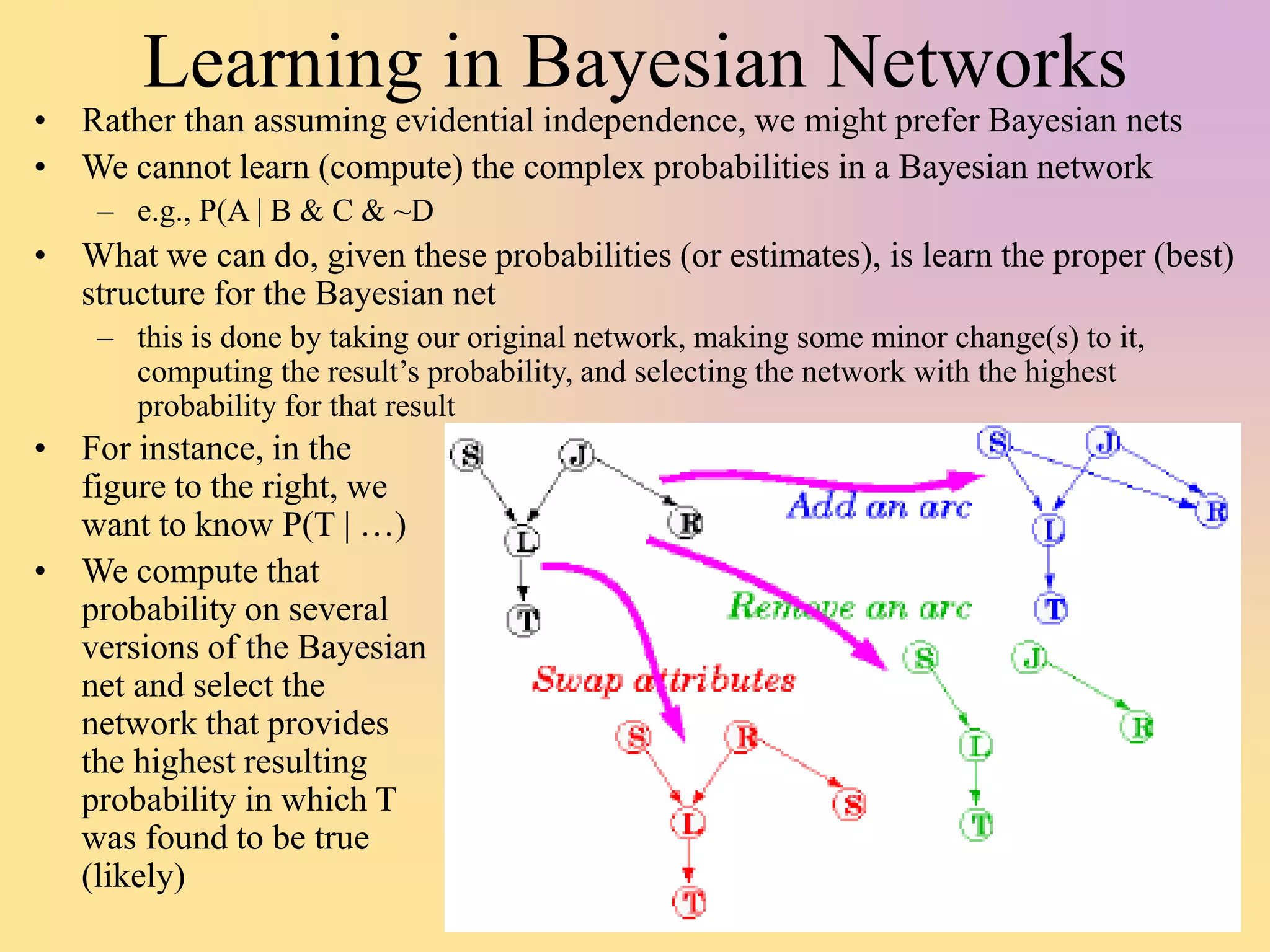 Learning in Bayesian Networks
• Rather than assuming evidential independence, we might prefer Bayesian nets
• We cannot learn (compute) the complex probabilities in a Bayesian network
– e.g., P(A | B & C & ~D
• What we can do, given these probabilities (or estimates), is learn the proper (best)
structure for the Bayesian net
– this is done by taking our original network, making some minor change(s) to it,
computing the result’s probability, and selecting the network with the highest
probability for that result
• For instance, in the
figure to the right, we
want to know P(T | …)
• We compute that
probability on several
versions of the Bayesian
net and select the
network that provides
the highest resulting
probability in which T
was found to be true
(likely)
 
