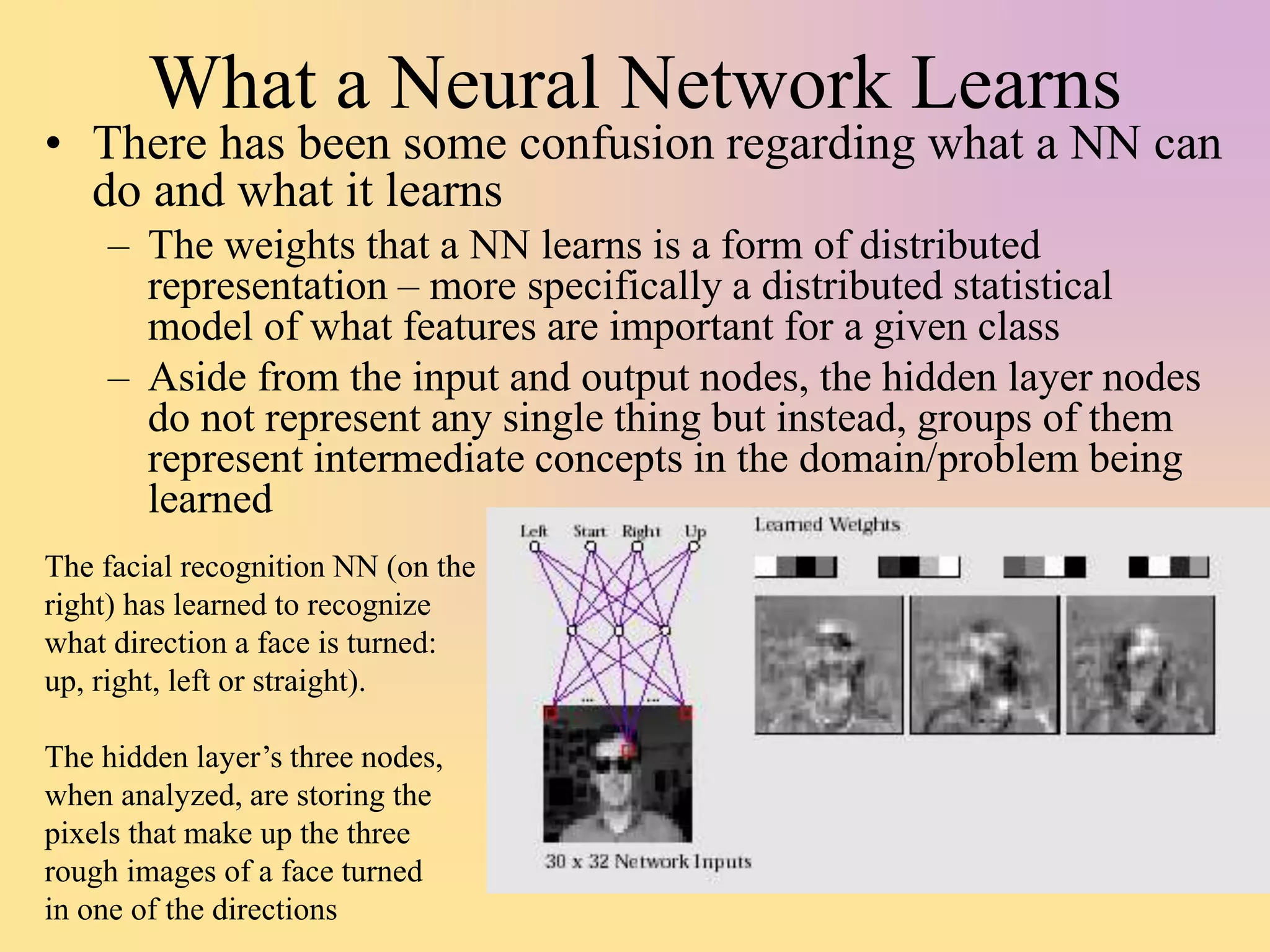 What a Neural Network Learns
• There has been some confusion regarding what a NN can
do and what it learns
– The weights that a NN learns is a form of distributed
representation – more specifically a distributed statistical
model of what features are important for a given class
– Aside from the input and output nodes, the hidden layer nodes
do not represent any single thing but instead, groups of them
represent intermediate concepts in the domain/problem being
learned
The facial recognition NN (on the
right) has learned to recognize
what direction a face is turned:
up, right, left or straight).
The hidden layer’s three nodes,
when analyzed, are storing the
pixels that make up the three
rough images of a face turned
in one of the directions
 