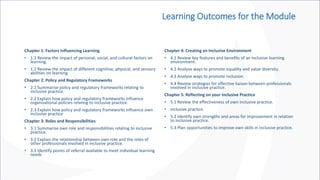 Learning Outcomes for the Module
Chapter 1: Factors Influencing Learning
• 1.1 Review the impact of personal, social, and cultural factors on
learning.
• 1.2 Review the impact of different cognitive, physical, and sensory
abilities on learning.
Chapter 2: Policy and Regulatory Frameworks
• 2.1 Summarise policy and regulatory frameworks relating to
inclusive practice.
• 2.2 Explain how policy and regulatory frameworks influence
organisational policies relating to inclusive practice.
• 2.3 Explain how policy and regulatory frameworks influence own
inclusive practice
Chapter 3: Roles and Responsibilities
• 3.1 Summarise own role and responsibilities relating to inclusive
practice.
• 3.2 Explain the relationship between own role and the roles of
other professionals involved in inclusive practice.
• 3.3 Identify points of referral available to meet individual learning
needs
Chapter 4: Creating an Inclusive Environment
• 4.1 Review key features and benefits of an inclusive learning
environment.
• 4.2 Analyse ways to promote equality and value diversity.
• 4.3 Analyse ways to promote inclusion.
• 4.4 Review strategies for effective liaison between professionals
involved in inclusive practice.
Chapter 5: Reflecting on your Inclusive Practice
• 5.1 Review the effectiveness of own inclusive practice.
• inclusive practice.
• 5.2 Identify own strengths and areas for improvement in relation
to inclusive practice.
• 5.3 Plan opportunities to improve own skills in inclusive practice.
 