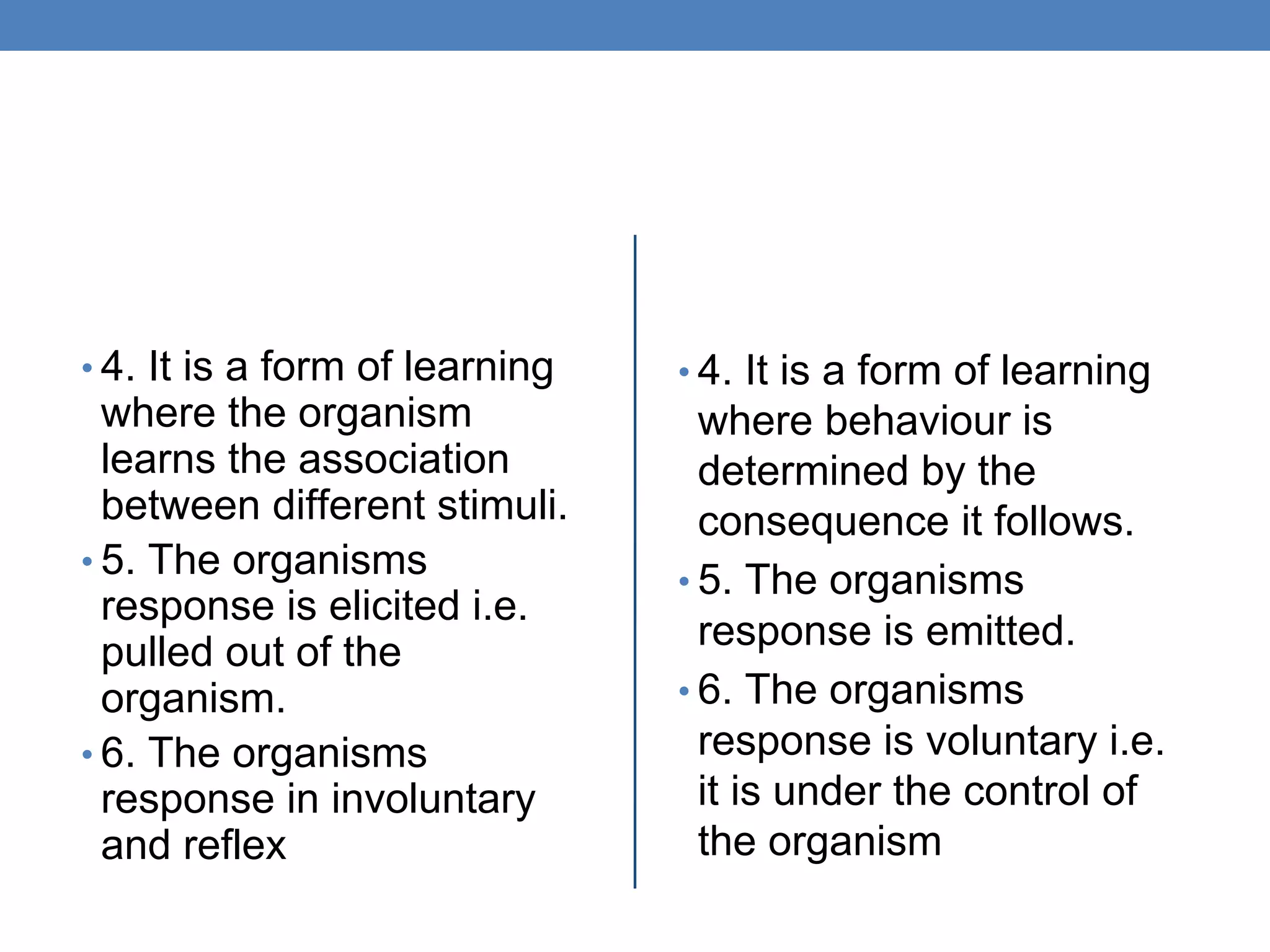 • 4. It is a form of learning
where the organism
learns the association
between different stimuli.
• 5. The organisms
response is elicited i.e.
pulled out of the
organism.
• 6. The organisms
response in involuntary
and reflex
• 4. It is a form of learning
where behaviour is
determined by the
consequence it follows.
• 5. The organisms
response is emitted.
• 6. The organisms
response is voluntary i.e.
it is under the control of
the organism
 